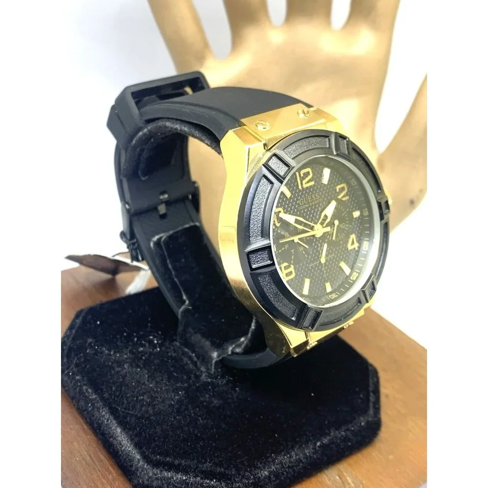 Guess Men's Watch U0247G6 Quartz Black Dial Gold Steel Rubber Strap 45mm